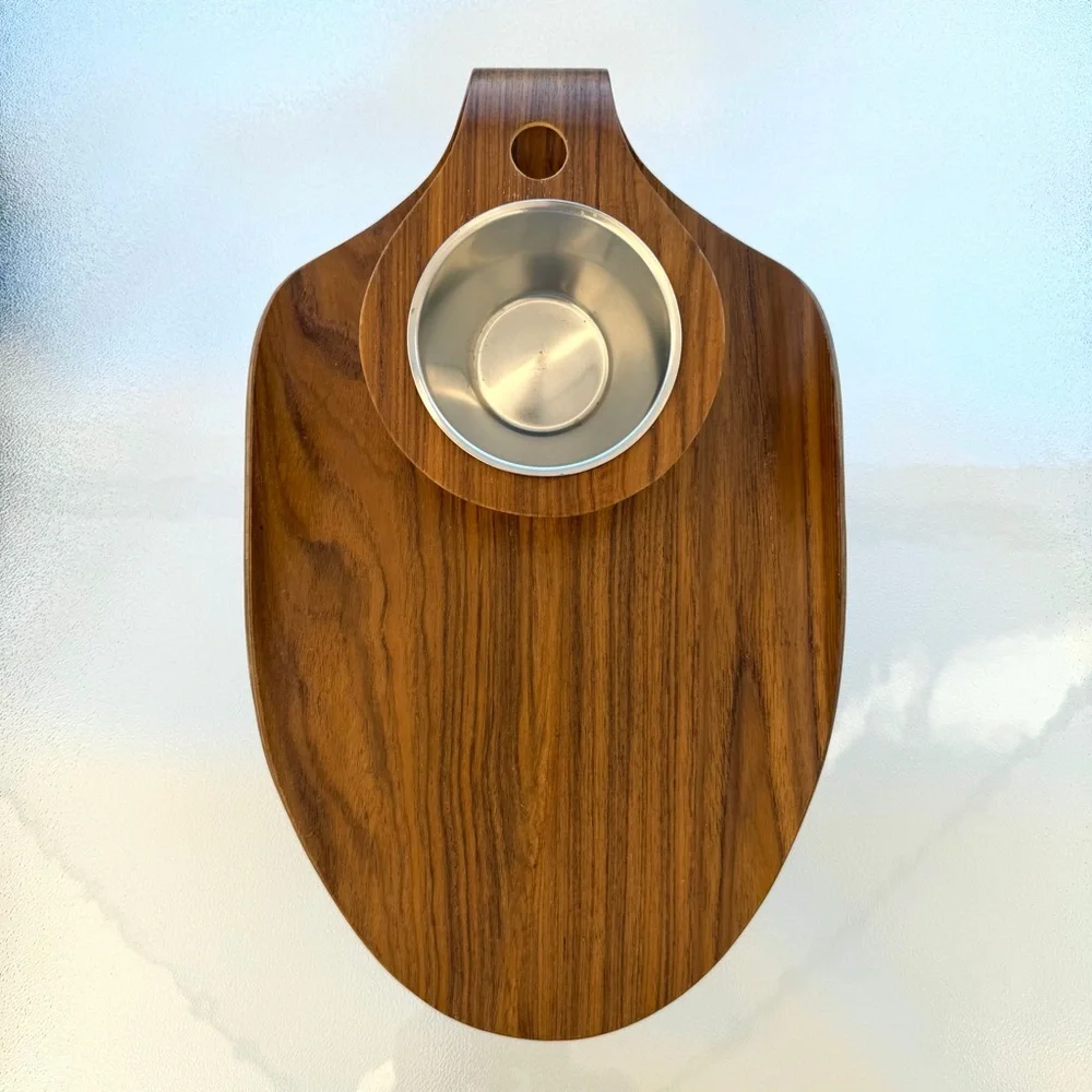 Teak Mid-Century Modern Serving Tray withStainless Steel Bowl • Charcuterie Tray - Picture 3 of 9